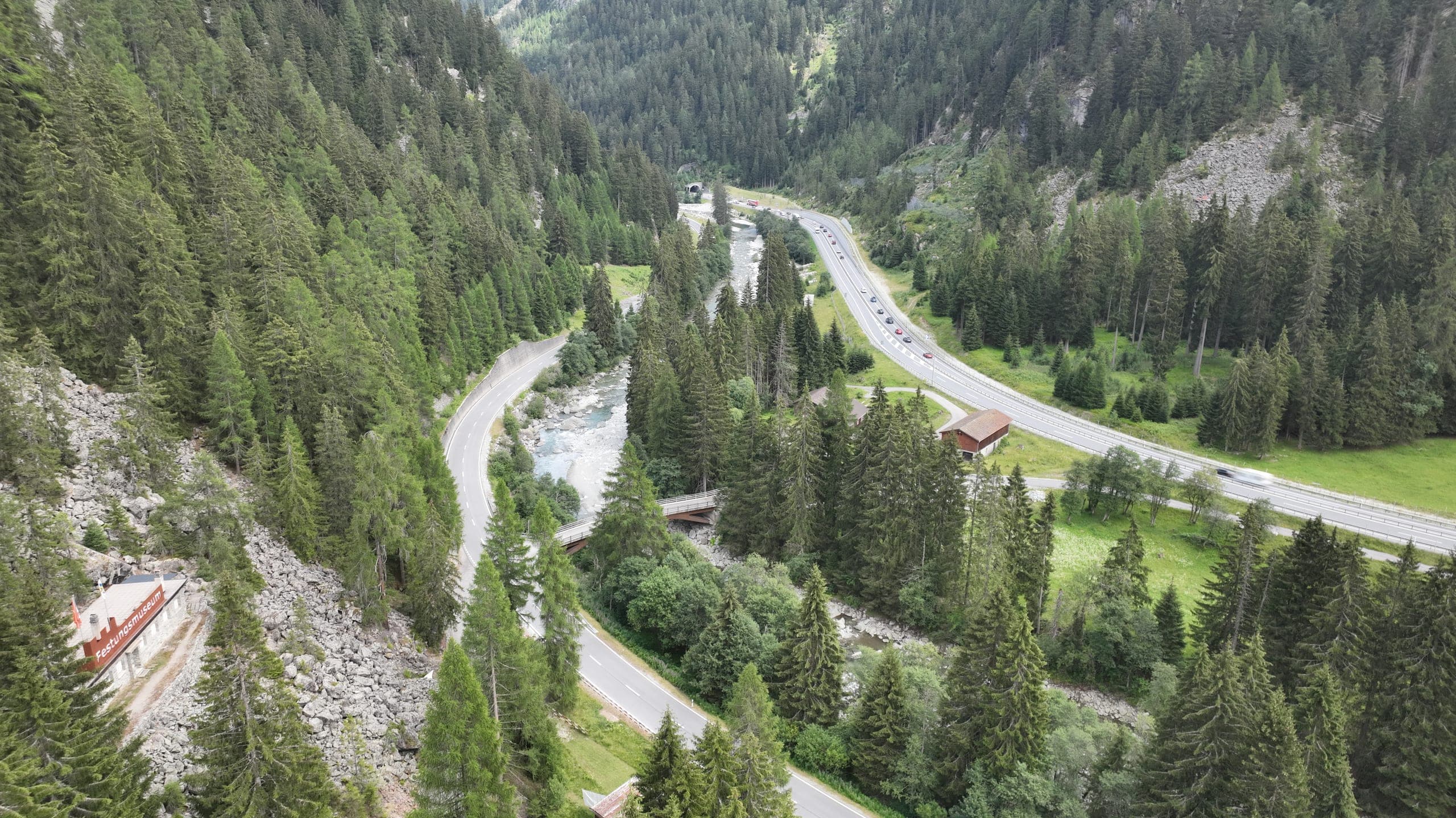 River, road and motorway in the Rheinwald